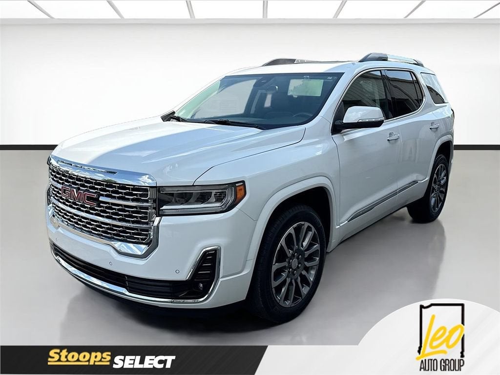 2020 GMC Acadia Denali in Summit White — front three-quarter view