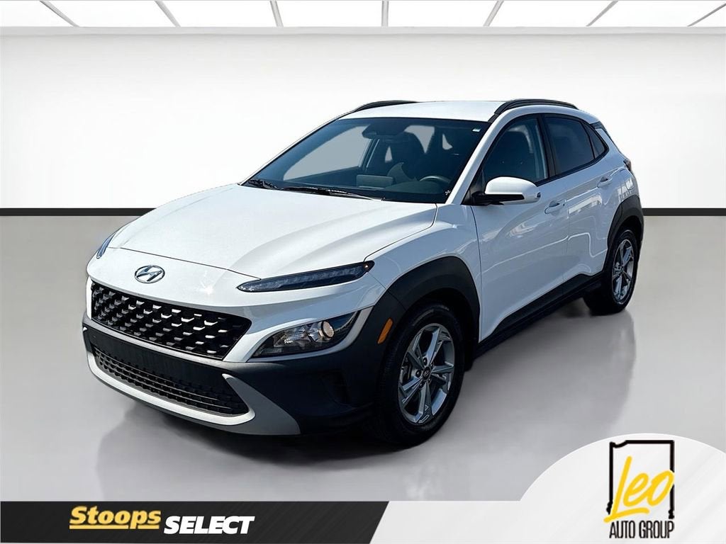 2023 Hyundai Kona SEL in White — front three-quarter view